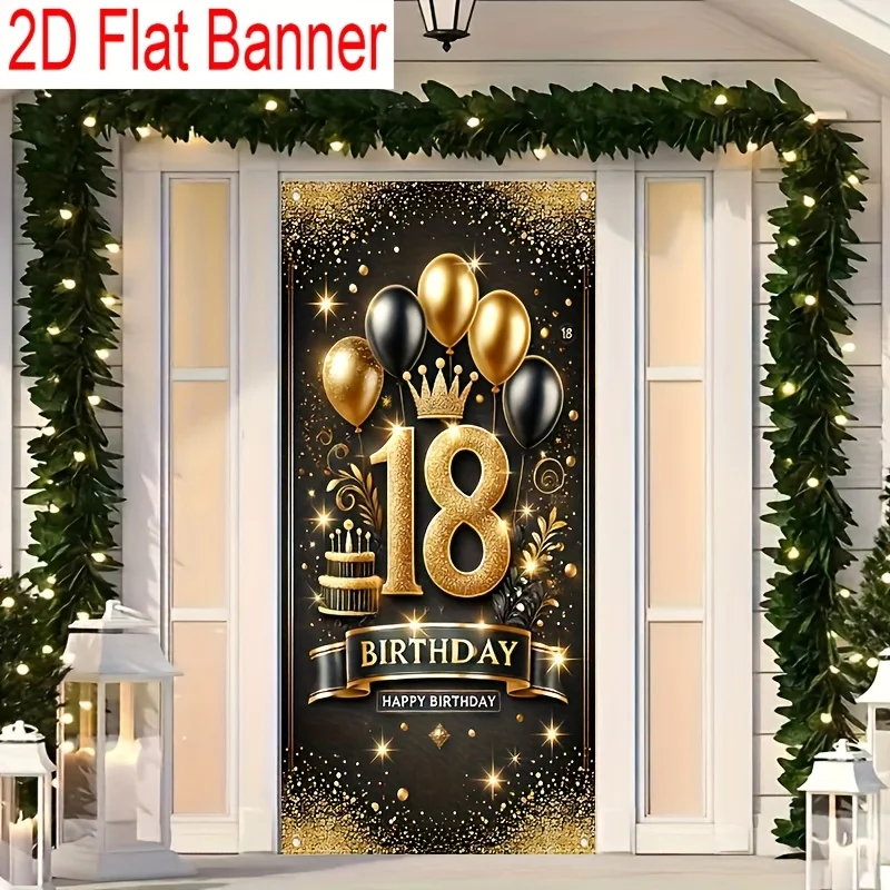 2D-Türfahne, eleganter Hintergrund für die 18. Geburtstagsfeier – schwarze und goldene Luftballons, Krone und glänzendes Sterndesign, 35,4 x 70,8 Zoll