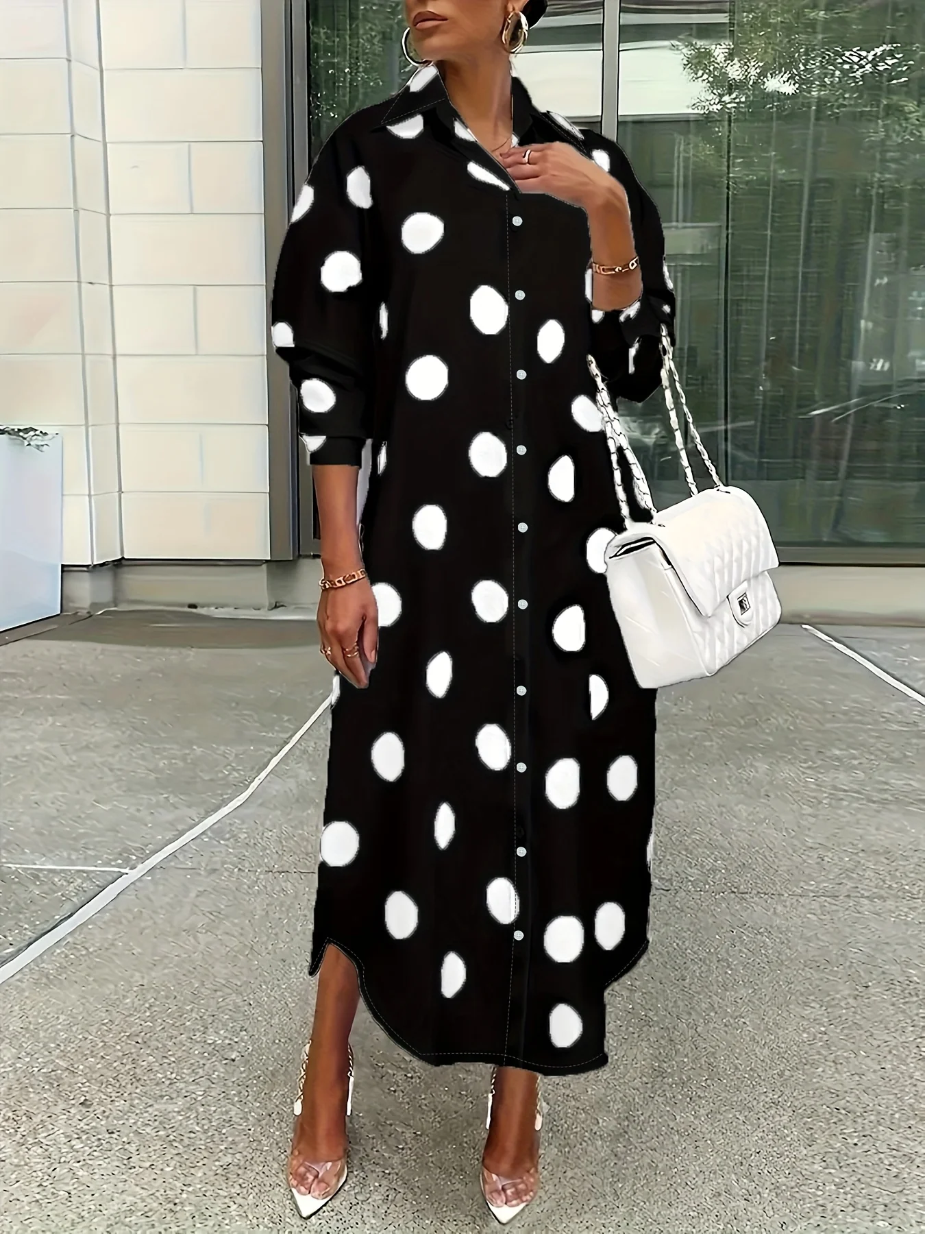 plus size shirt dress, polka dot midi dress, long sleeve button down dress, loose casual dress, women plus size vacation dress