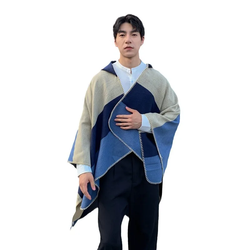 

2025 Vintage Men's Versatile Striped Hooded Scarf Cross-Border Imitation Wool Warm Thickened Manteau Mantle Open Shawl Towel P1