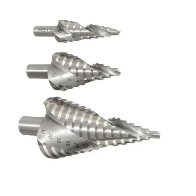 3Pcs 4-12/4-20/4-32 Silver Double Groove Spiral Step Drill Triangular Handle Metal Wood Working HSS Hole Cutter