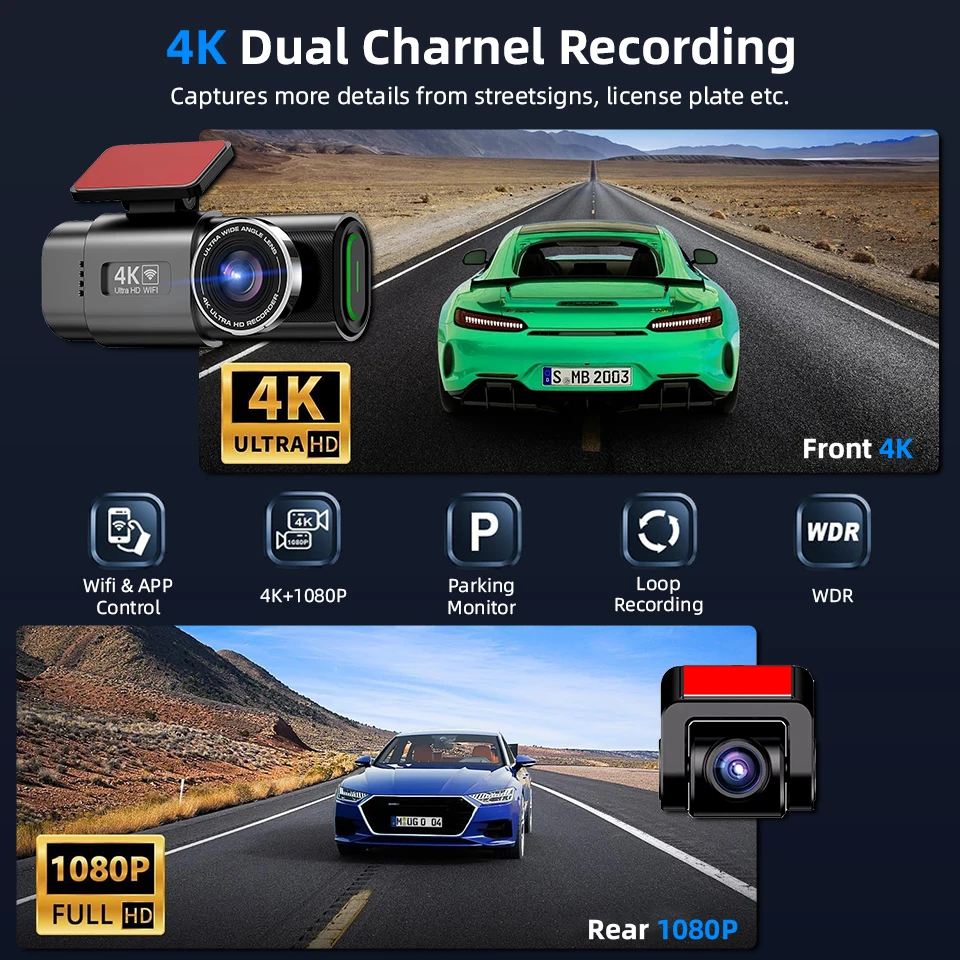 Dash Cam 4K Built-in WiFi Car DVR Night Vision G-Sensor Supports GPS 24H Parking Monitoring Black Box for Car