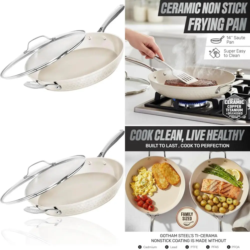 

14-дюймовая сковорода с антипригарным покрытием и крышкой, большой размер для семейных еды, без PFOA, индукционная совместима, можно использовать в духовке и в посудомоечной машине