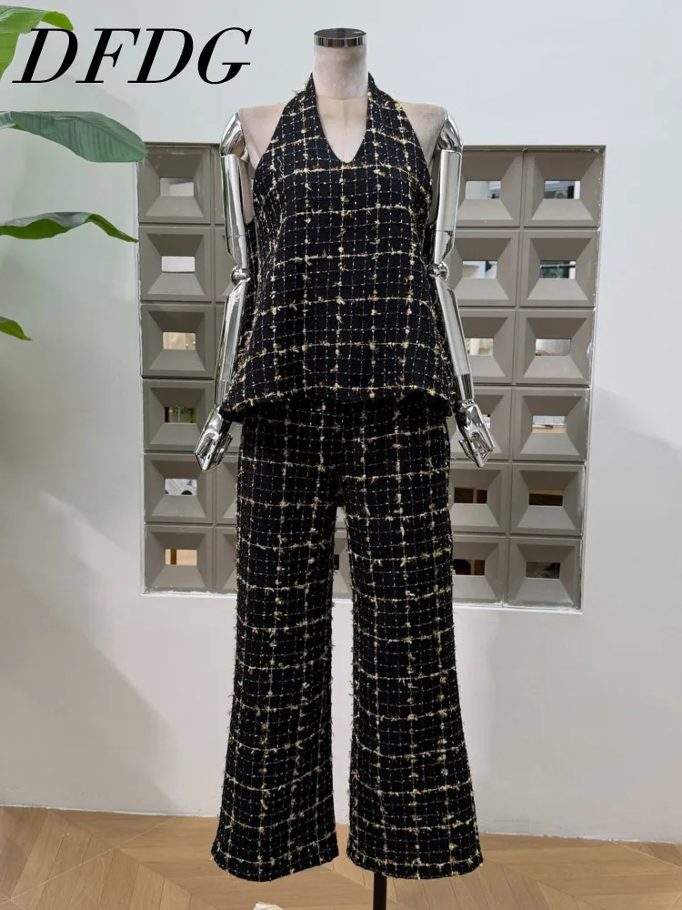 

DFDG Women's 2025 Spring Summer Houndstooth Halter Neck Vest Straight Pants 2 Piece Set Elegant Casual Woven Office Outfit Set