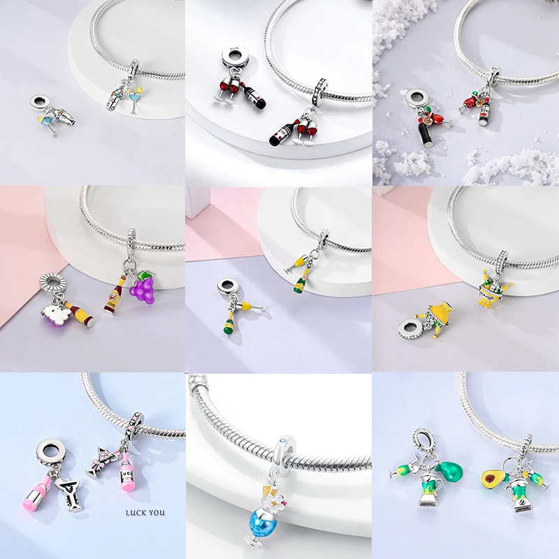 Heißer Kaffeetasse 925 Sterling Silber Bunte Weinflasche Weinglas Charm Anhänger Original Passend Für Frauen DIY Schmuck Mädchen Charms – Detail 3