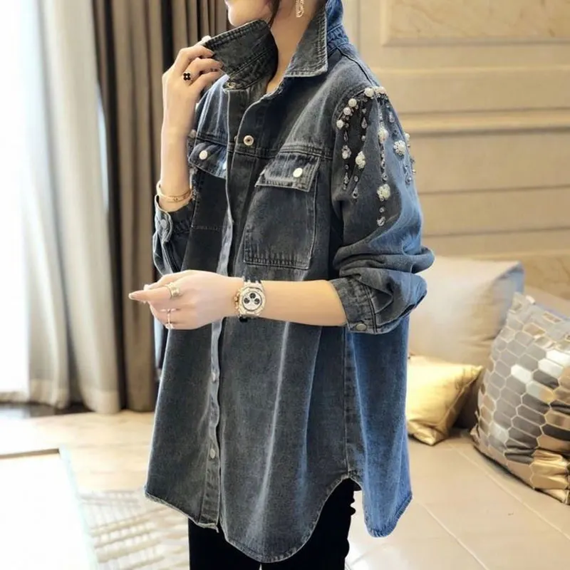 Casual Denim Polo-Neck Shirt Fashion Pearl Beading Spring Autumn Pockets Spliced Female Clothing Single-breasted Loose Blouse