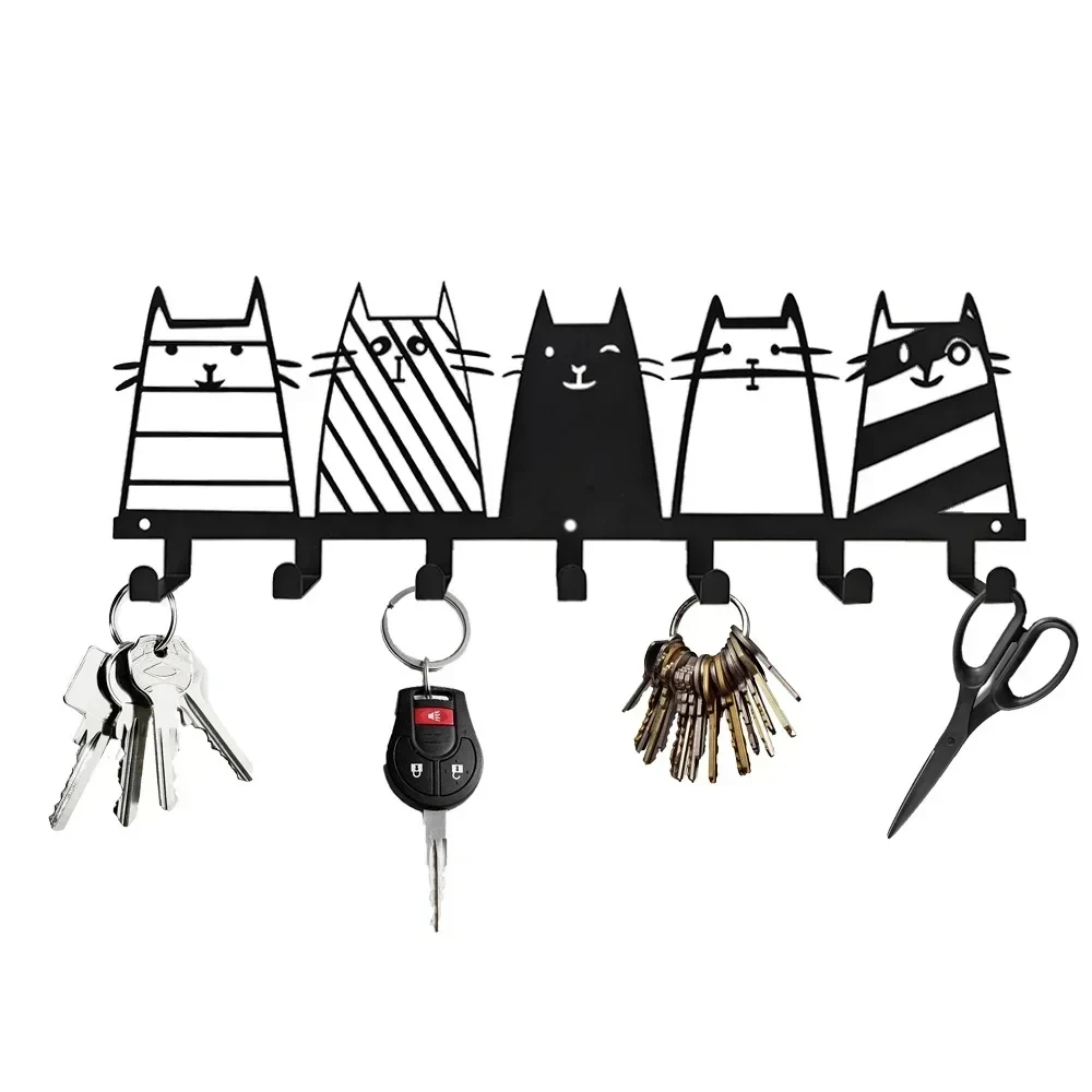 7 Hooks Key Hook Rack, Modern Coat Rack, Cat Decor Wall Mounted Coat Rack 1pc Metal New Cute Cat Decorative Hook
