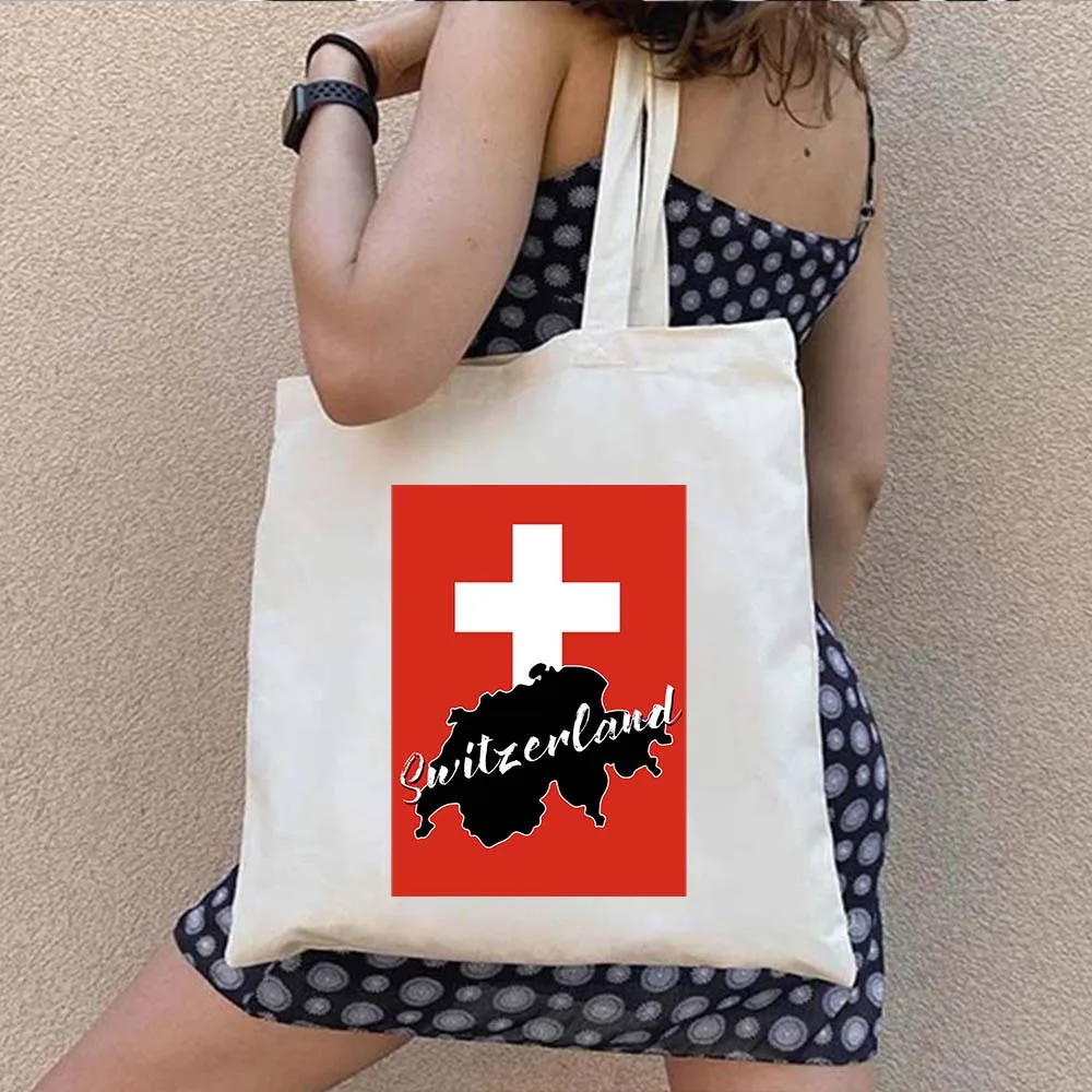 Vintage Switzerland Country Map Flag Swiss Girl Zurich Skyline Emblem Chillon Castle Lucerne Canvas Bag Shopper Shoulder Handbag