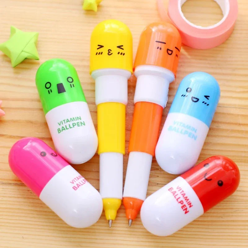 

12 Pcs Creative Vitamin Smile Pill Design Stretch Ballpoint Pen School Ball Pen Kids Office Stationery Writing signature pen