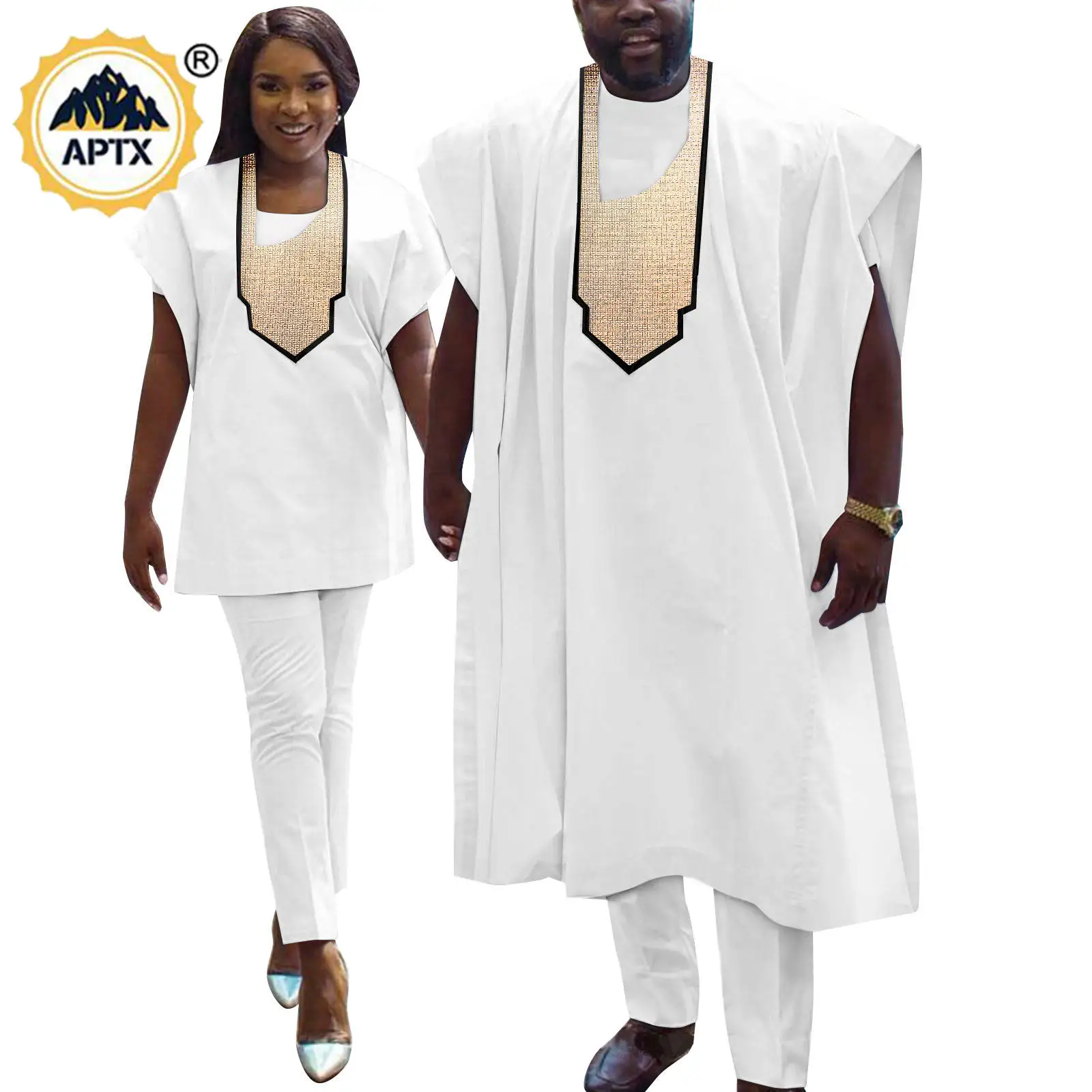 

African Men Clothes Dashiki 3 Pieces Patchwork Robe Top and Pant Sets Matching Couple Outfits Bazin Riche Wedding Suits 24C010