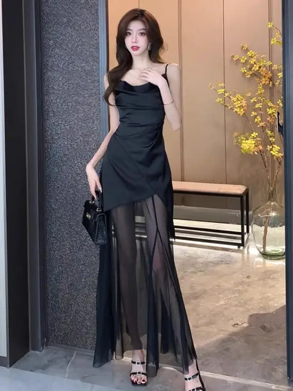 Vestido e de malha de cetim f verão sem mangas slim fit cintura alta vestido linha a vestido de bainha irregula...