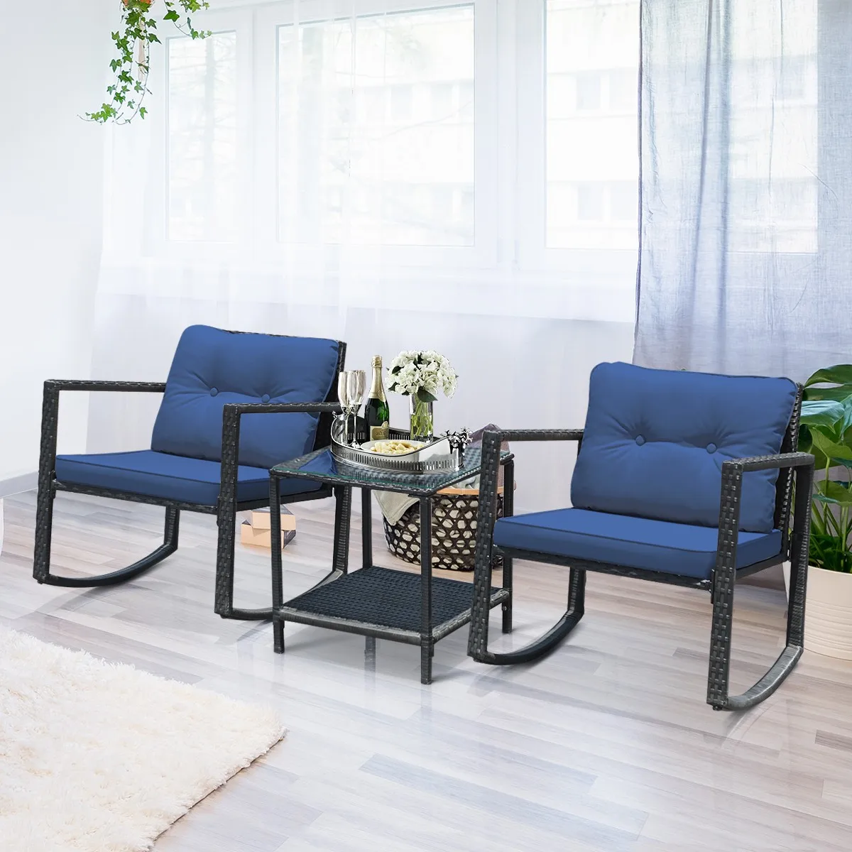 

Patiojoy 3PCS Rattan Furniture Set Rocking Chairs Cushioned Sofa Navy Garden
