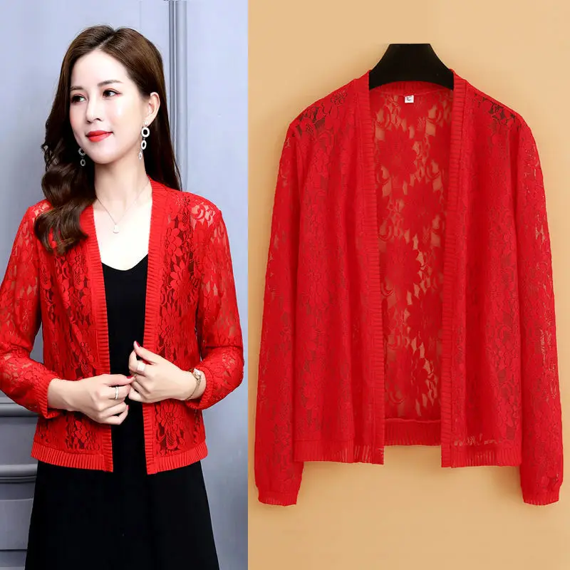 2024 Autumn Summer 6XL Lace Cardigan Women Female Cardigans Solid Color Shawl Coat Ladies Outerwear E130
