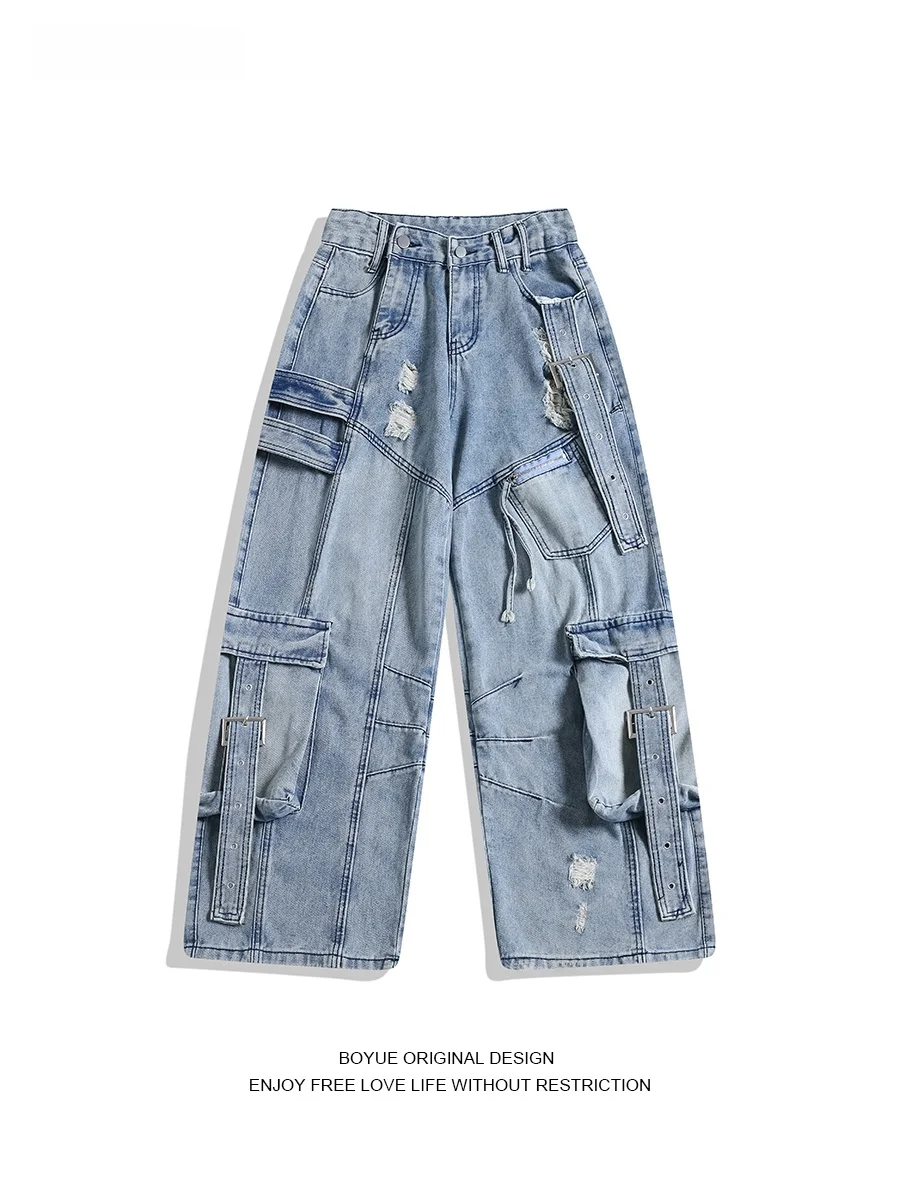 

Boyue American Sle Heavy Du Draped Denim Jeans Men Women Distred Floor Length Multi keted Wide Leg Pants Casual