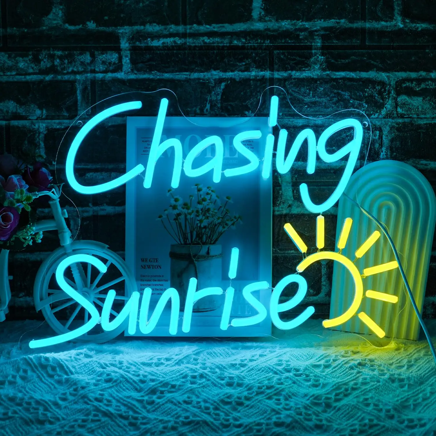 

Неоновая вывеска Chasing Sunrise для декора стен, дизайн солнечных букв, регулируемая светящаяся вывеска для дома, бара, офиса, спальни