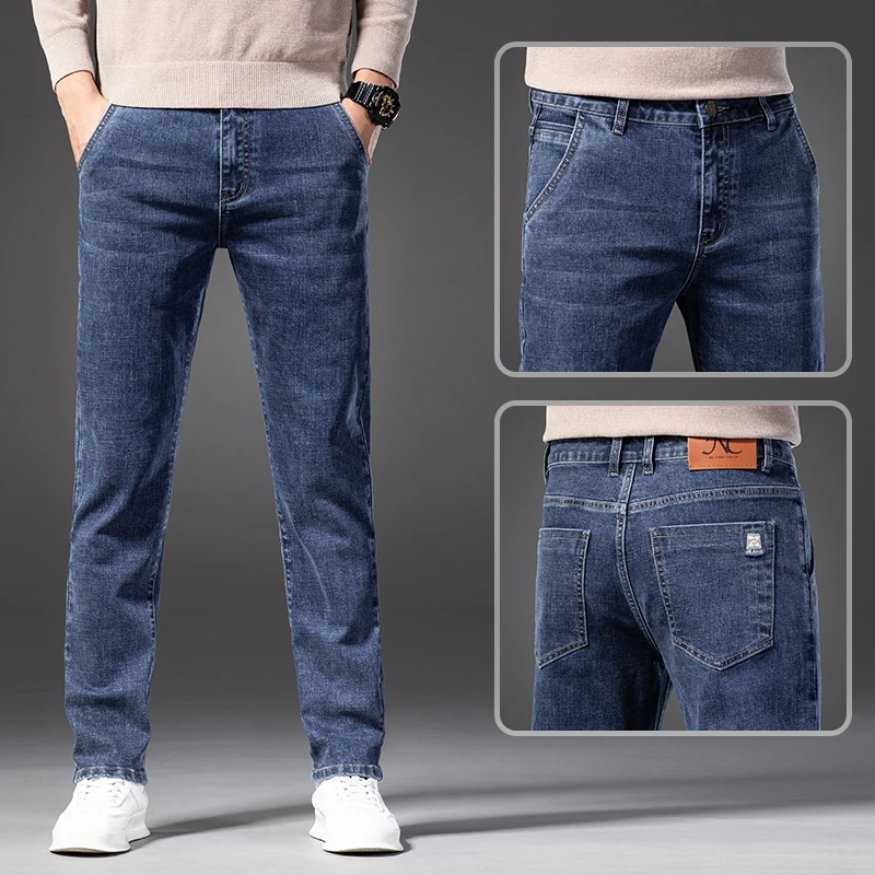 Jeans Lurus Slim Fit biru klasik untuk pria, celana panjang Denim kasual kualitas tinggi harian bahan katun, celana lurus musim gugur untuk pria