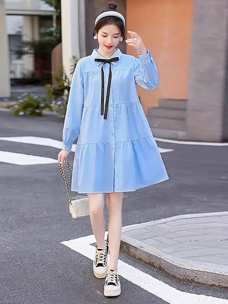 2024 Summer Maternity Shirts Dress Short Sleeve Turn-down Collar Elegant Pregnant Woman Mini Dress with Tie Ribbon Loose Blouses