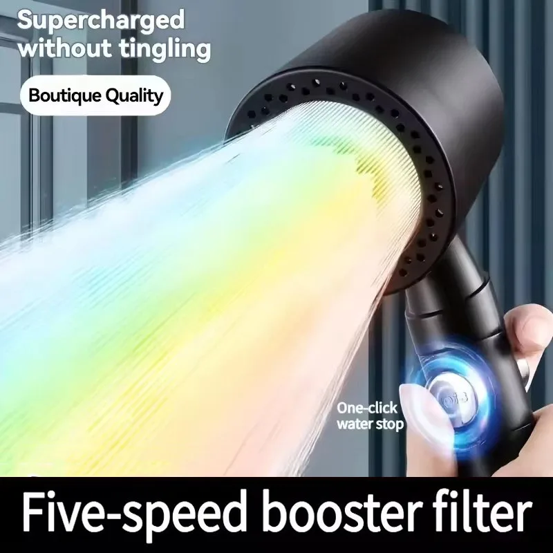 

5-режимная массажная насадка для душа под давлением с фильтром, экономия воды под высоким давлением, ручной душ для остановки воды с одной кнопкой
