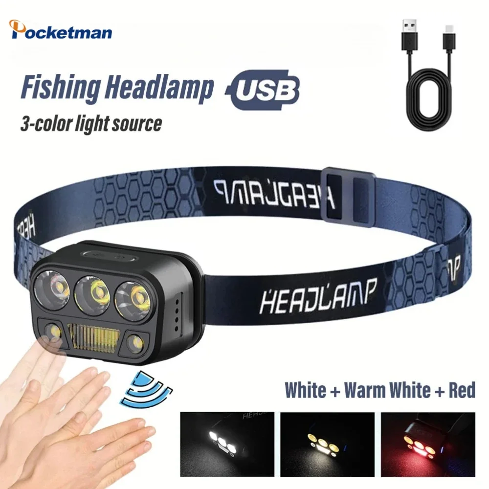 Smart Motion Sensor LED Headlamp USB Rechargeable Headlight Portable Lightweight Head Flashlight Head Lamp for Camping Hiking