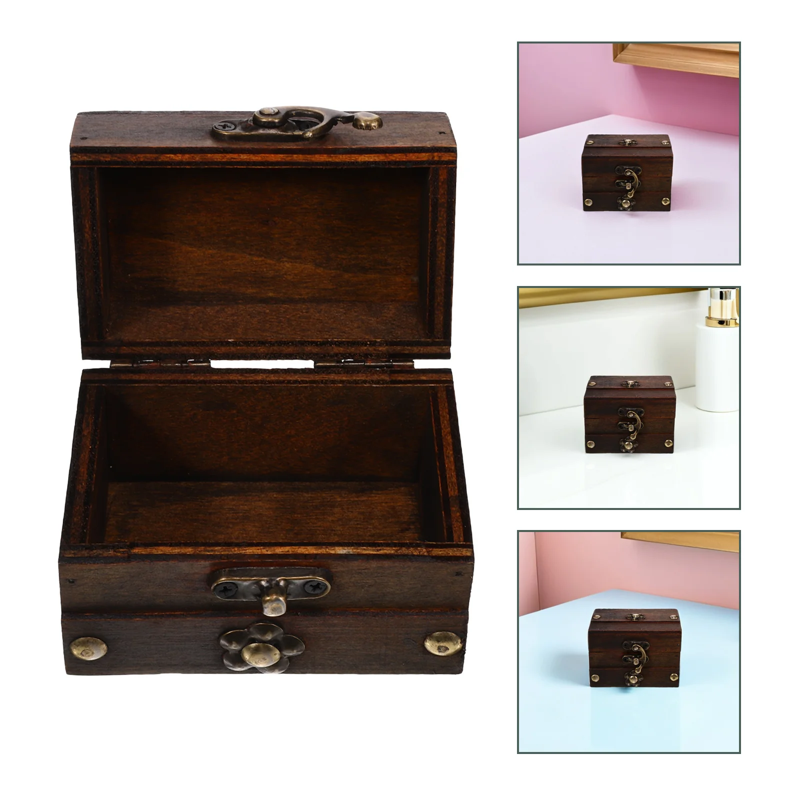 

Wooden Storage Box Vintage Style Hinged Lid Retro Organizer Desktop Jewelry Crafts Rustic Wood Chest Decorative Storage