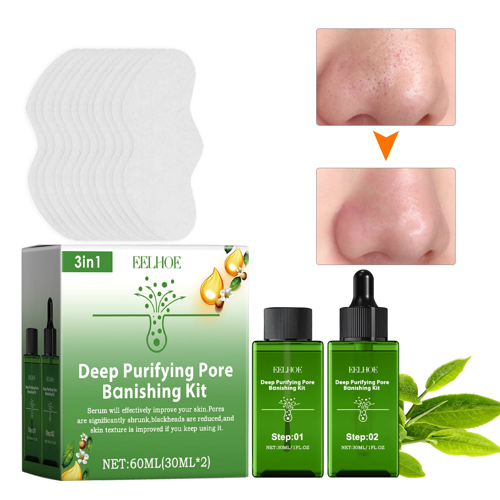 EELHOE Aceite de árbol de té Traje de espinillas transparente Refinar poro para cerrar la esencia hidratante de espinillas