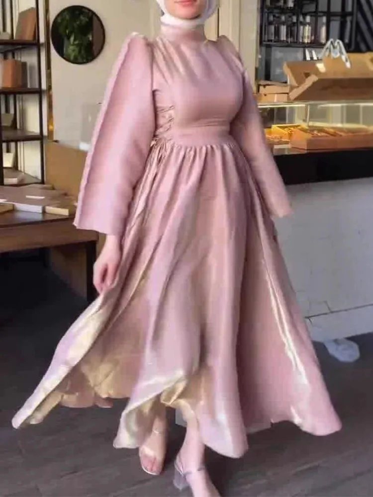 

Женские банкетные длинные платья, новое платье с длинным рукавом и высоким воротником, элегантное яркое плиссированное вечернее платье, темпераментное повседневное платье