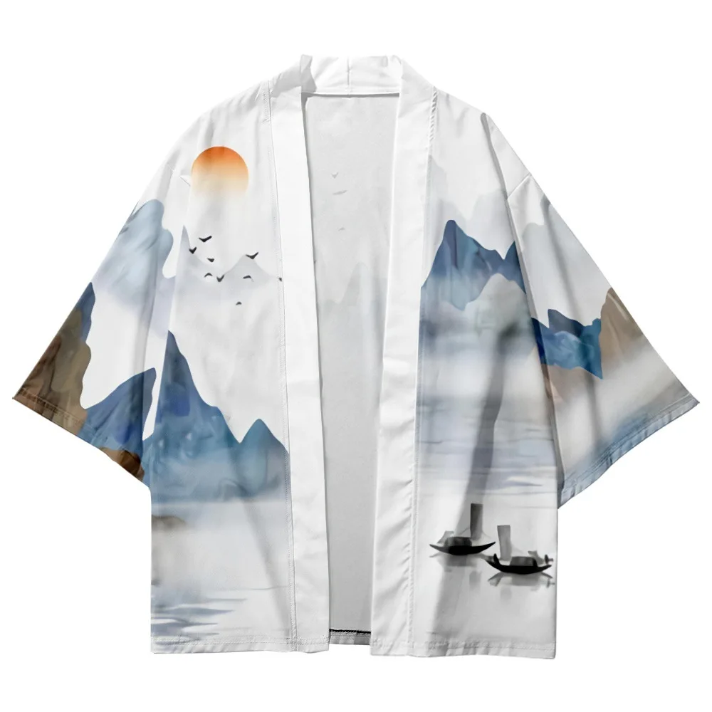 

Fashion Chinese Style Ink Painting Print Haori Summer Beach Yukata Japanese Casual Traditional Kimono Cardigan Women Men Shirts