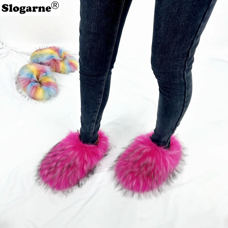 

Sexy Raccoon Fur Slippers Women 2025 New Faux Fur Slides American Ladies Winter Fluffy Home Cotton Shoes Plush Warm Slippers