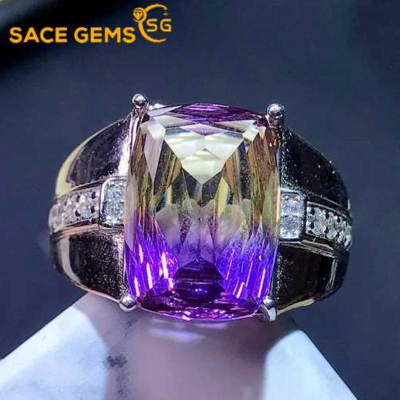 SACE GEMS Fashion Resizable 10*14MM Natual Ametrine Rings for Man 925 Sterling Silver Wedding Party Fine Jewelry Festival Gift