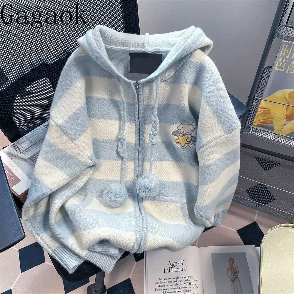 Gagaok Sweet Striped Knitted Cardigan 2024 Autumn Hooded Japan Style Gentle Sweater Coat Outwear Casual Zipper Cardigans