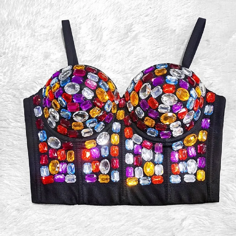 

Colorful Mixed Acrylic Stones Party Corset Bra Women Sexy Crystal Rhinestone Bustie Girls Shiny Nightclub Bling Camis Crop Tops