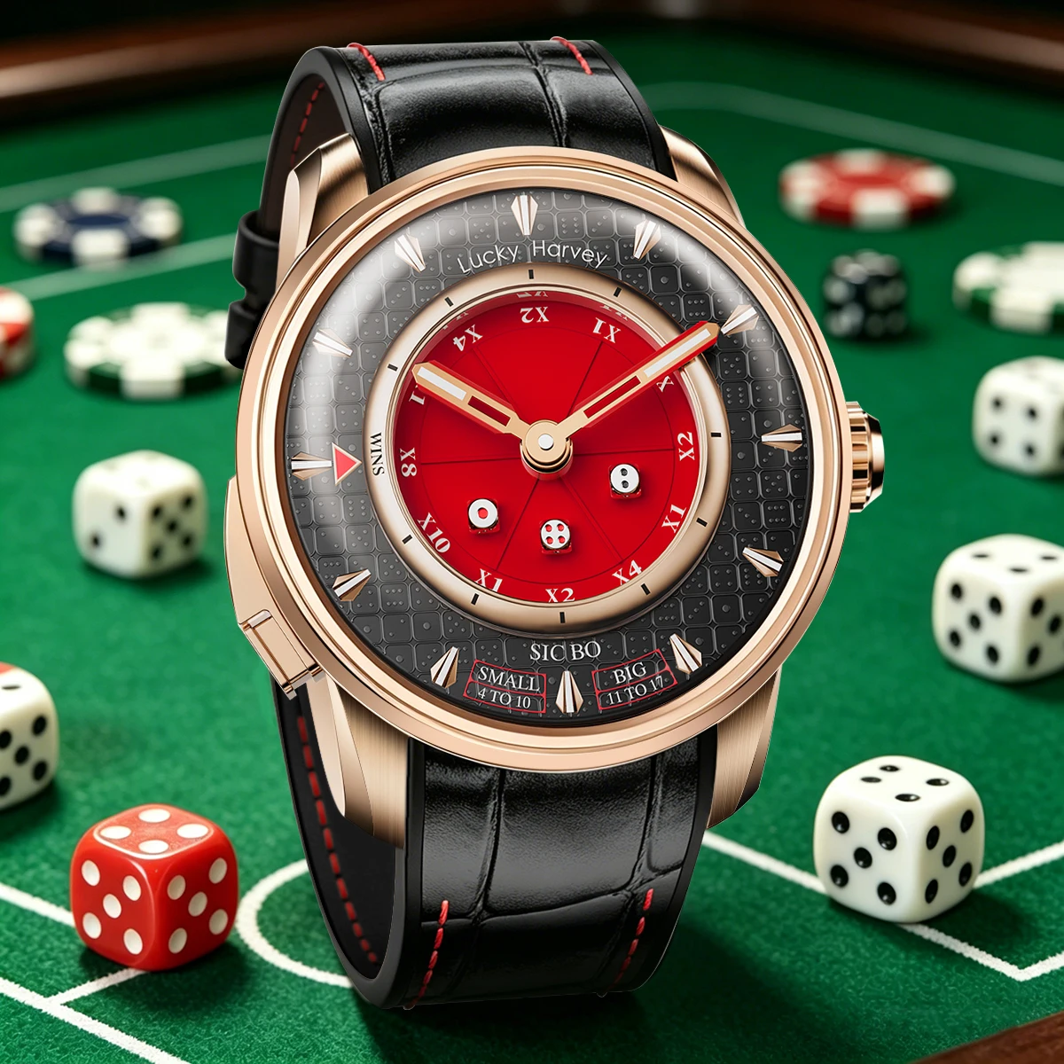 

Lucky Harvey Sic Bo Dial Micro-carving Dice Dial Automatic Mechanical Watches for Men Cambered Sapphire Funny Party Game Design