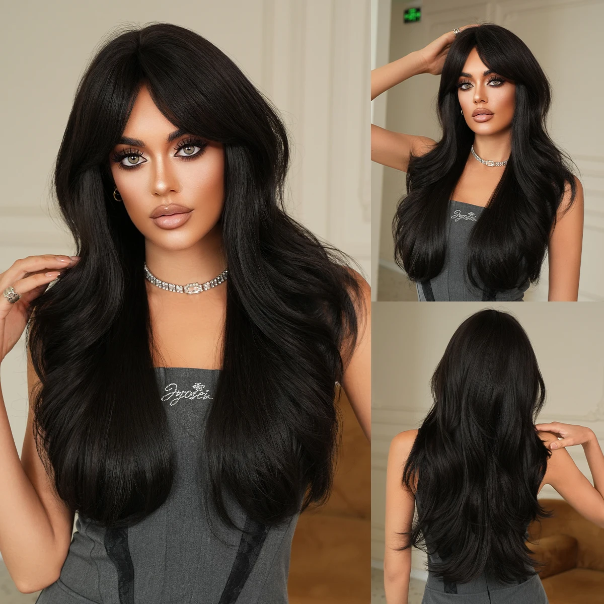 

NAMM Новые черные волнистые парики Удлиненный парик с натуральной волной Синтетическое термостойкое волокно Пушистые красивые вьющиеся парики