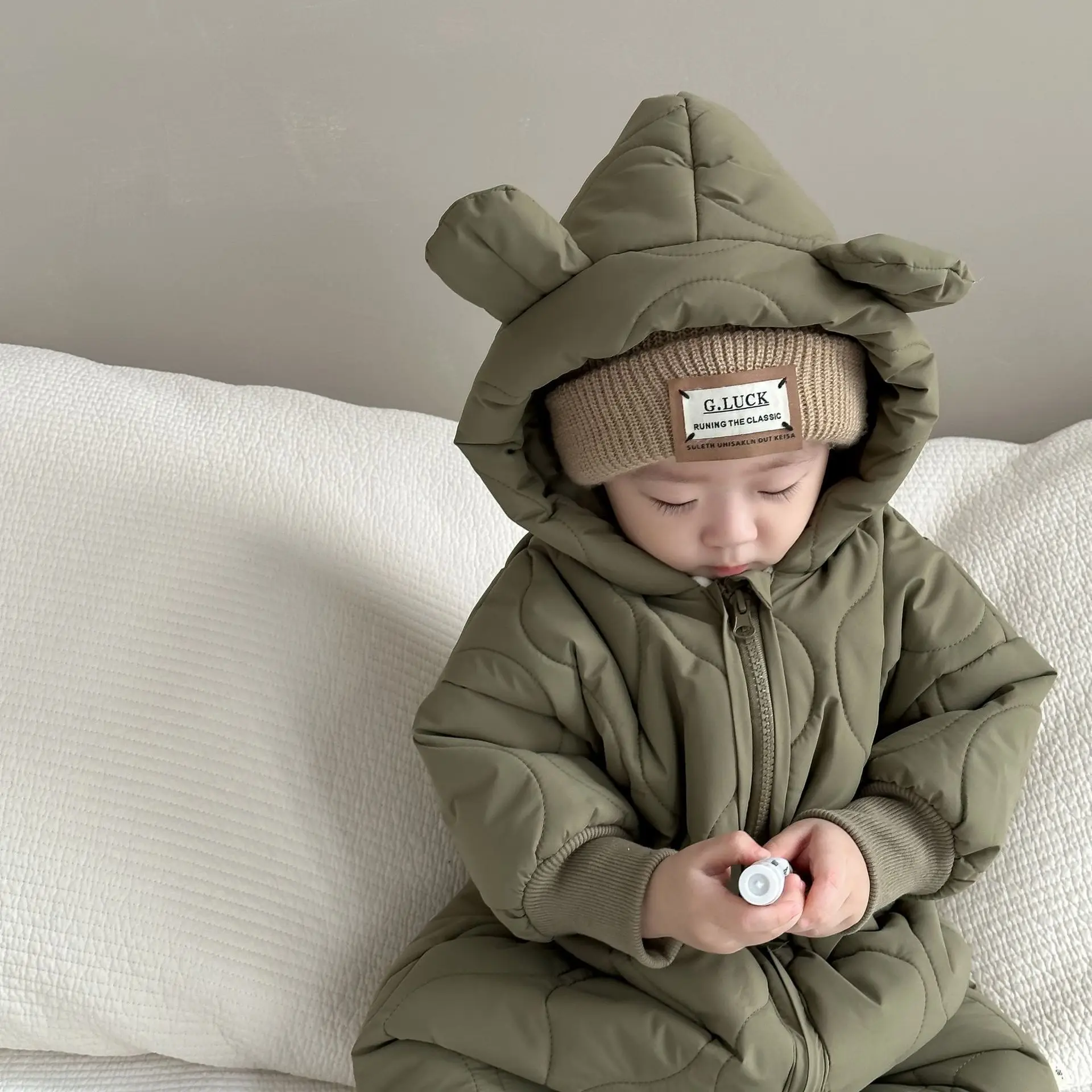 2024 Winter New Baby Boy Long Sleeve Warm Romper Plus Velvet Thick Newborn Toddler Jumpsuit Infant Hooded Padded Jacket 0-24M image 4
