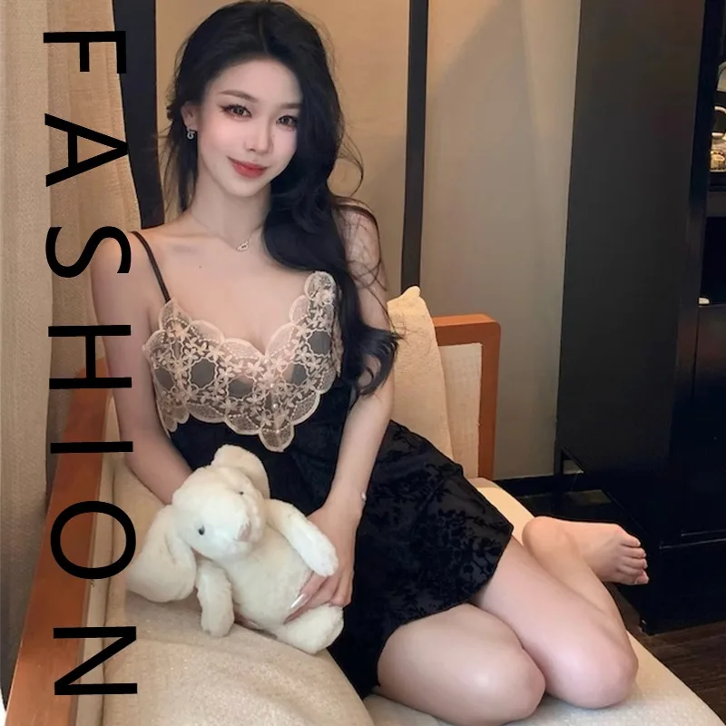 

Французская ночная рубашка на подтяжках, женская летняя бархатная пижама с горящим цветком, весна и осень, сексуальное чистое желание, красота, ремешок на спине, ch