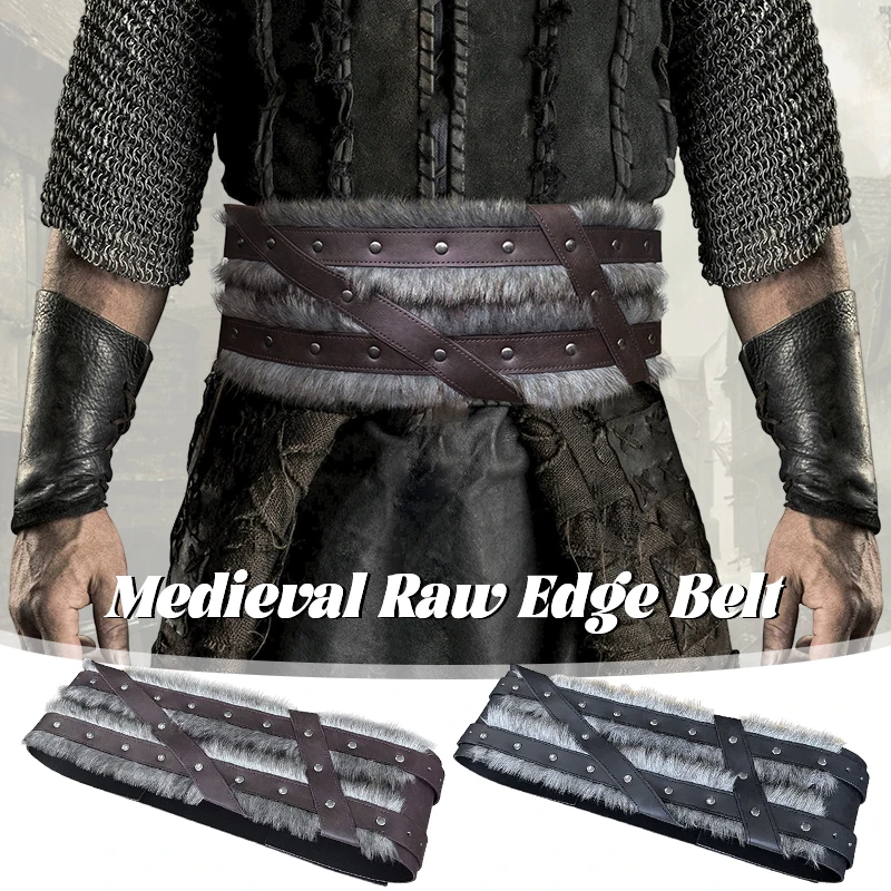 

Medieval Viking Knight Wide Belt Faux Furry Fur PU Leather Waist Belt Nordic Viking Renaissance Larp Pirate Cosplay Stage Props