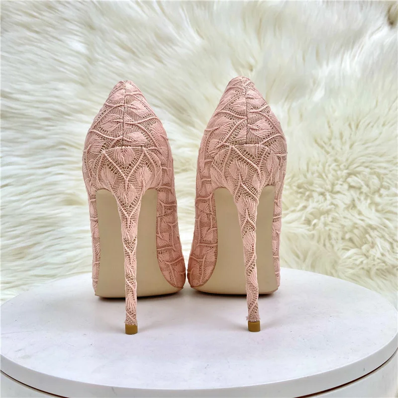 Tikicup Elegant Women Pink Lace Fabric Pointy Toe High Heel Wedding Bridemaids Shoes Comfortable 8cm 10cm 12cm Stiletto Pumps