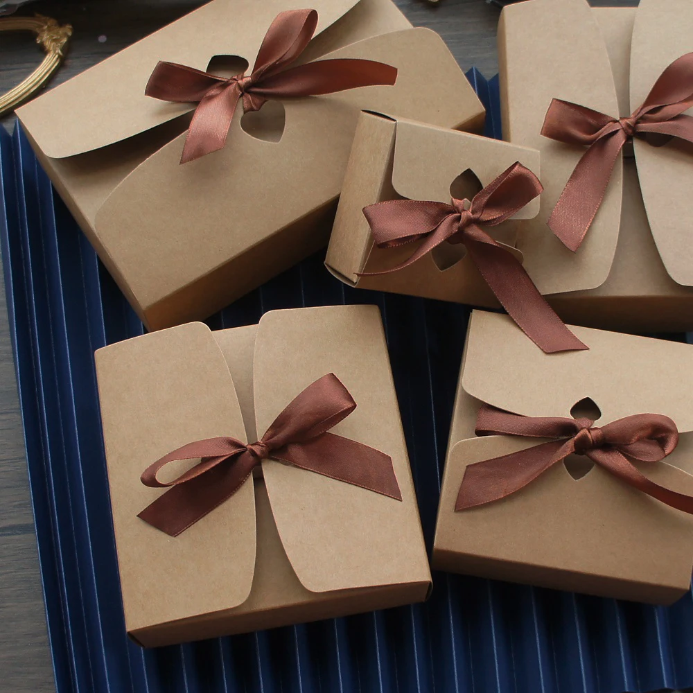 

5 Size Choose 15 Pcs Natural Kraft Paper Paper Box with Ribbon Macaron Sweet Chocolate Candy DIY Party Gifts Packaging