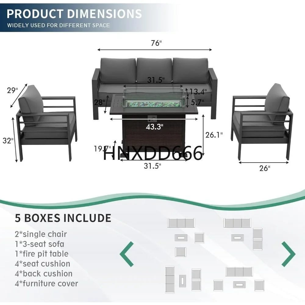 Patio Furniture Set with Fire Pit Table,  6 Pcs AluminumOutdoor Sectional Metal Modern Patio Sofa Sets
