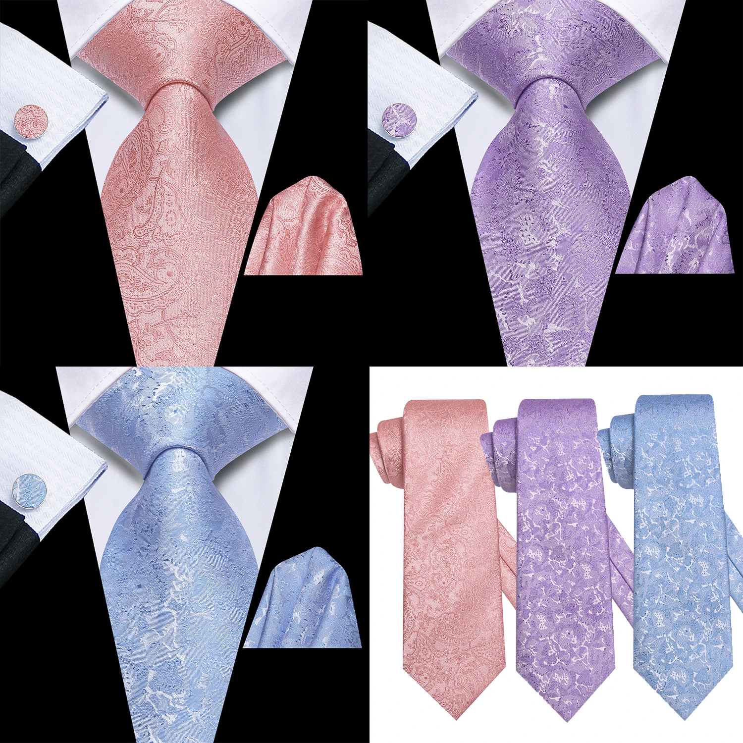 Hi-Tie Herren-Krawatte, Rose, Rosa, Lila, Blau, Blumenmuster, Paisley-Taschentuch, Manschettenknöpfe für Smoking-Accessoire, klassische Luxus-Geschenkkrawatte aus Seide