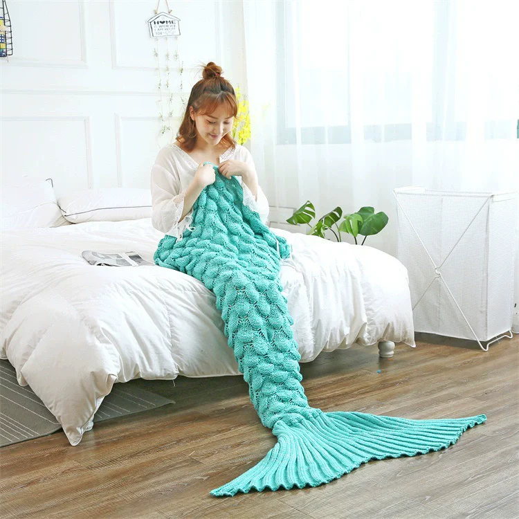 Super Soft Handmade Crochet Mermaid Tail Blanket for Kids & Adults - Faux Cashmere Yarn Knitted Bed Wrap Cozy Throw Bedding Gift