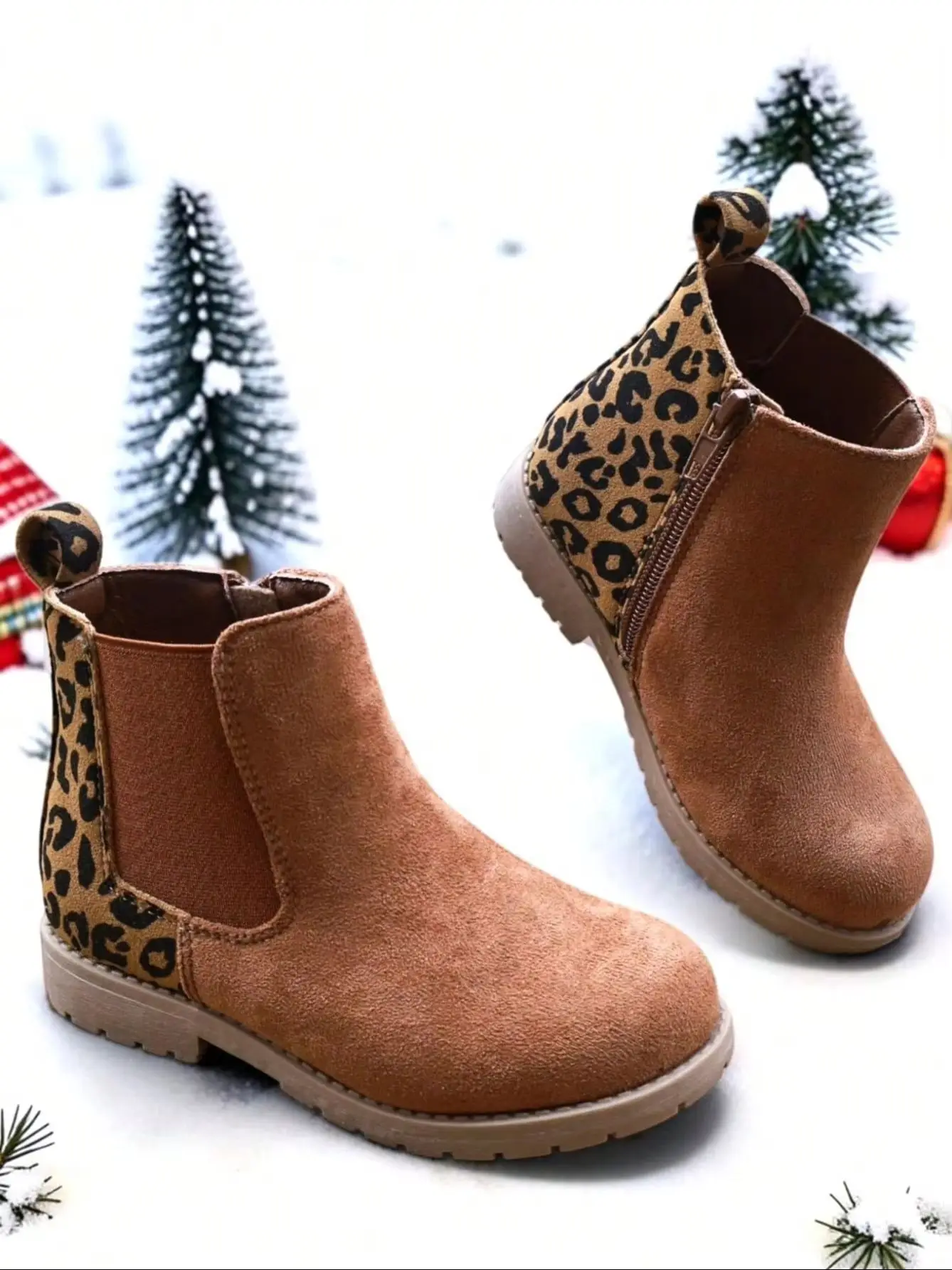 New Kids Flat Chelsea Ankle Boots, Solid Color with Elastic Sock Cuff, Wear-Resistant, Stylish Leopard Print Design