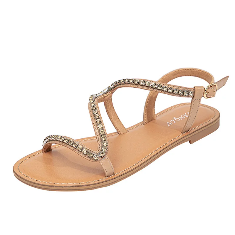 Women Snakelike String Crystal Sandals Back Buckle Strap Black Beige Flat Sandalia Round Toe Anti-Skid Etiquette Wide Fit 42 36