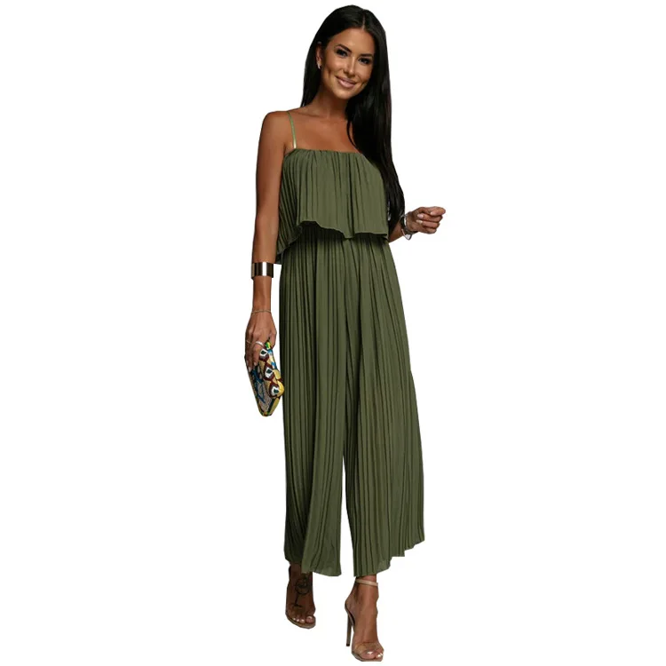 2025 Summer New Solid Color Pleated 2-Piece Set Women's Sexy Sling blouses Top + Wide Legs 2-Piece suit Casual Boho Beach Outfit