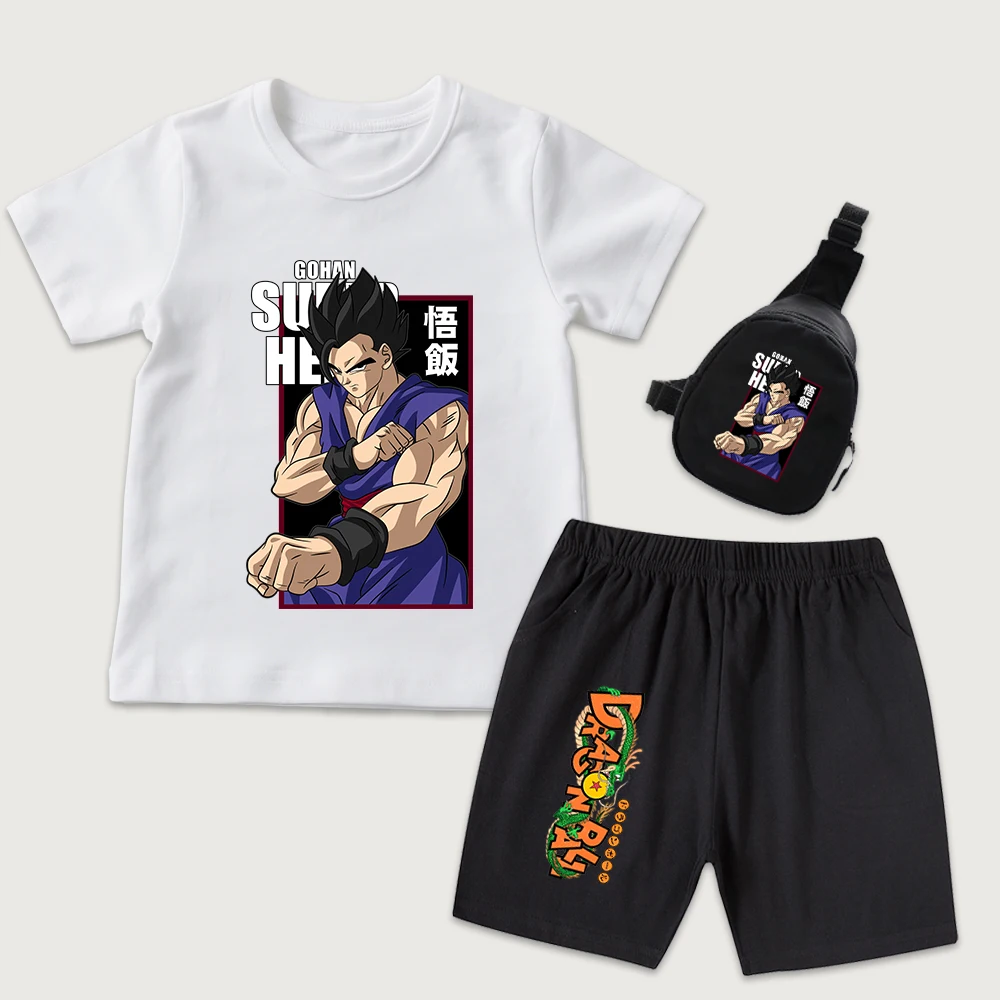 Dbz Gohan Anime Print Kids Cotton T Shirt Shorts Mini Chest Bag 3 Piece Set Boys Girls Casual Summer Outfit