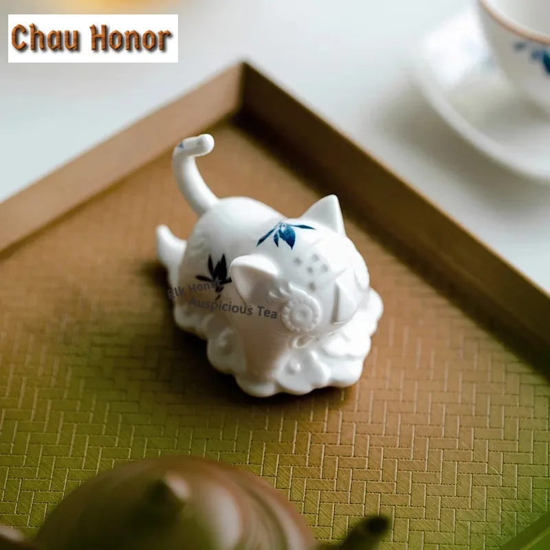 Hand Painted Butterfly Orchid Ceramic Tea Pet Cute Tiger Tea Sculpture Animal Tea Figurine Lid Rack Tea Statue Tea Ceremony Gift