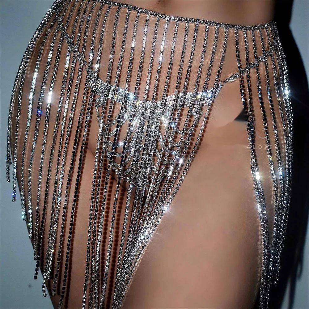 

Shiny Crystal Diamond Irregular Fringe Skirt Sexy See Through Tassel Rhinestone Rave Festival Mini Skirt Y2K Club Party Chain