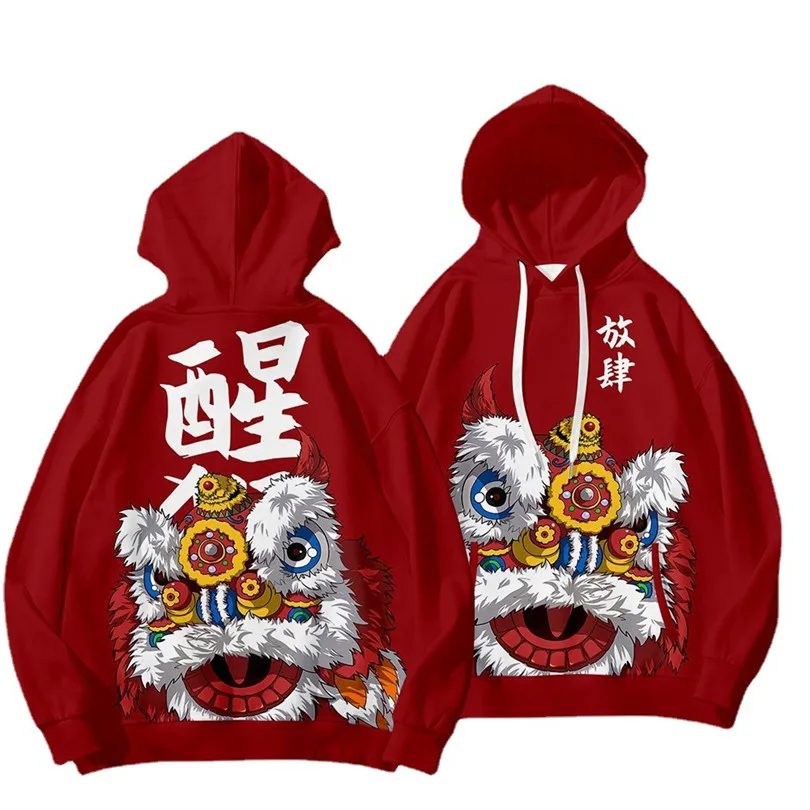 Sweatshirt Hoodie China, baju anak-anak Pria Wanita keluaran baru 2023, Harajuku dansa singa Cina 3D, pullover keren lengan panjang