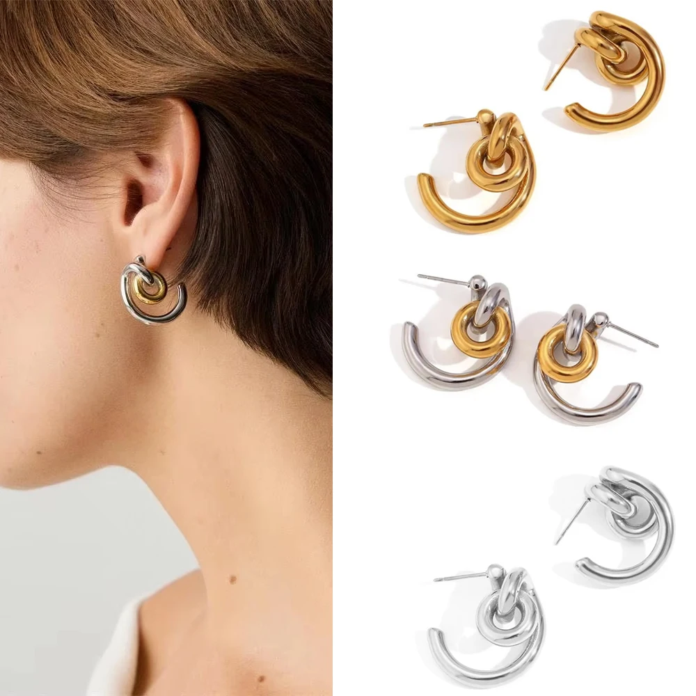Gold&silver Mixed Color Twist Knot Hoop Earrings for Women Stainless Steel Geometric Tangled Loop Studs New Retro Jewelry Aretes