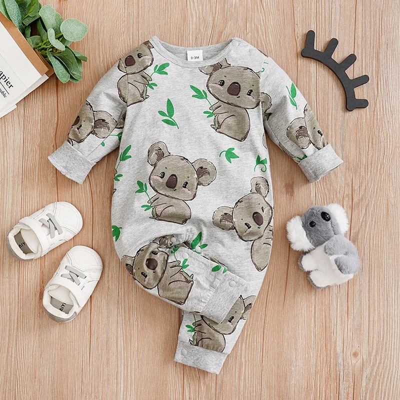 Spring And Autumn Boys And Girls\' Cute Cartoon Kaola Full Print Cotton Comfortable Long Sleeve Baby Bodysuit