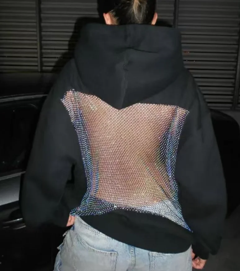 

Fashion 2025 Women's Hooded Sweatshirt Casual Long Sleeved Pullover Top American Hollow Mesh Long Sleeved Sweatshirt